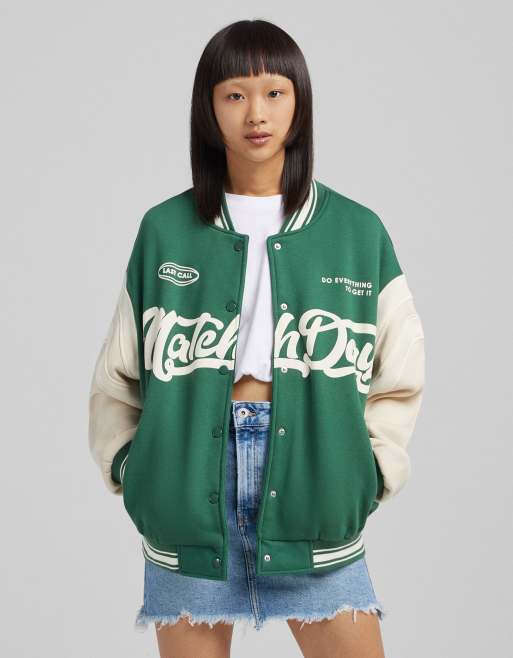 Bershka varsity oversized bomber in green