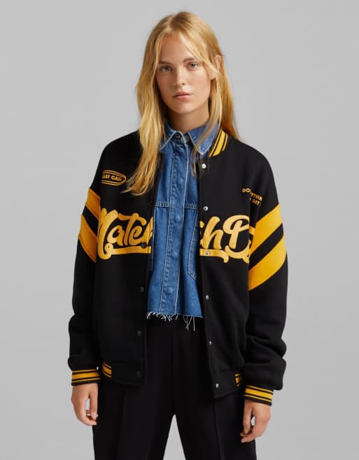 Bershka varsity oversized bomber jacket in black ASOS