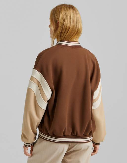 Brown Colourblocked Varsity Bomber Jacket