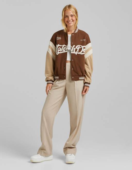 Brown Colourblocked Varsity Bomber Jacket