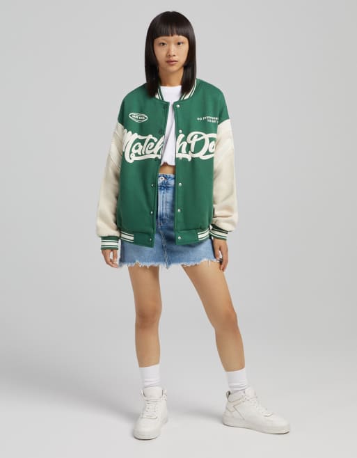 Bershka varsity bomber jacket in green