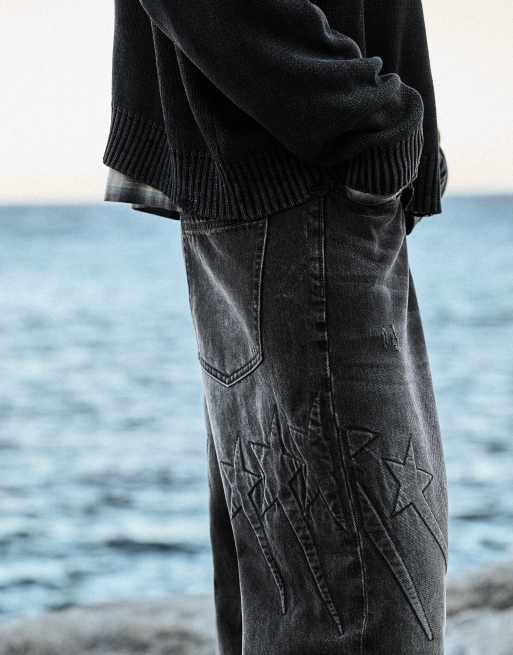 Bershka vaskede jeans med præget detalje i sort, 4 af 6
