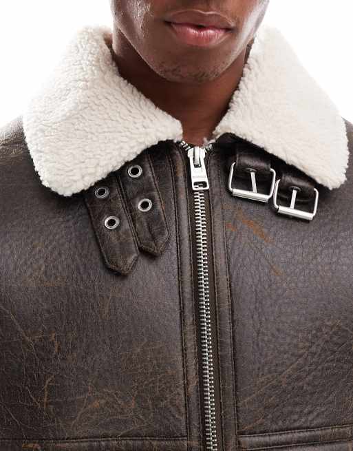 Bershka - Vasket brun jakke i imiteret læder med detaljer i shearling , 3 af 4