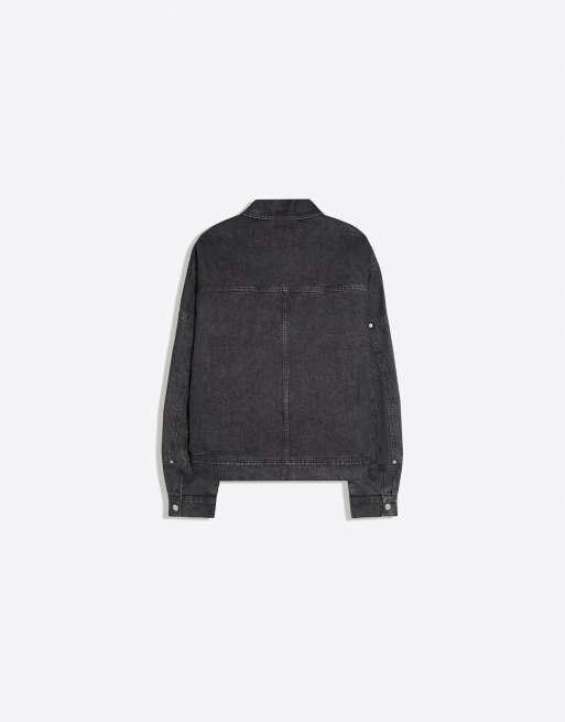Bershka vasket denim bomber-jakke i sort, 6 af 6
