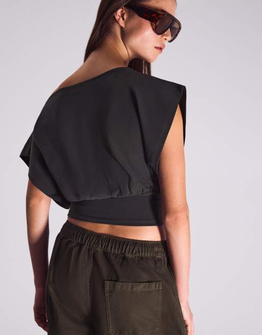 Bershka - Vasket grå asymmetrisk T-shirt med korte ærmer og print, 3 af 4