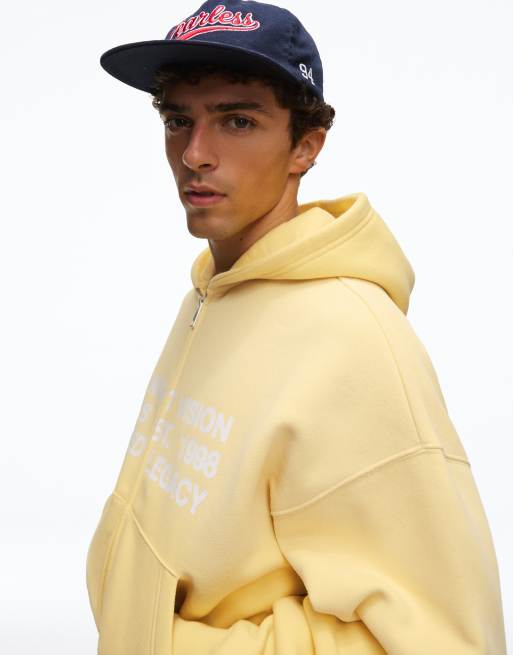 Bershka vasket hættetrøje med print og lynlås i gul, 4 af 5