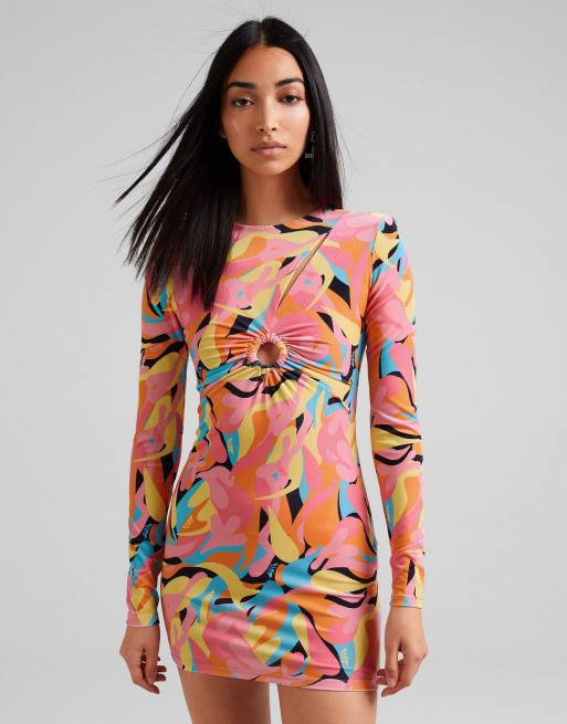 Bershka velvet bright printed bodycon dress with ring detail in multi