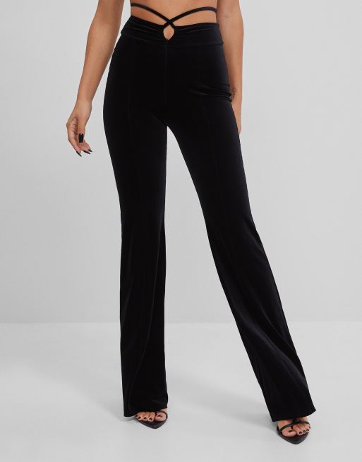 Bershka velvet flare pants with wrap around detail in black