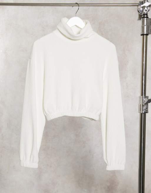 Bershka velvet ribbed roll neck crop jumper in cream