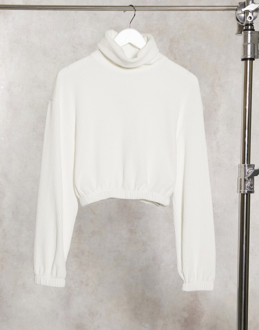Bershka velvet ribbed roll neck crop sweater in cream-Neutral