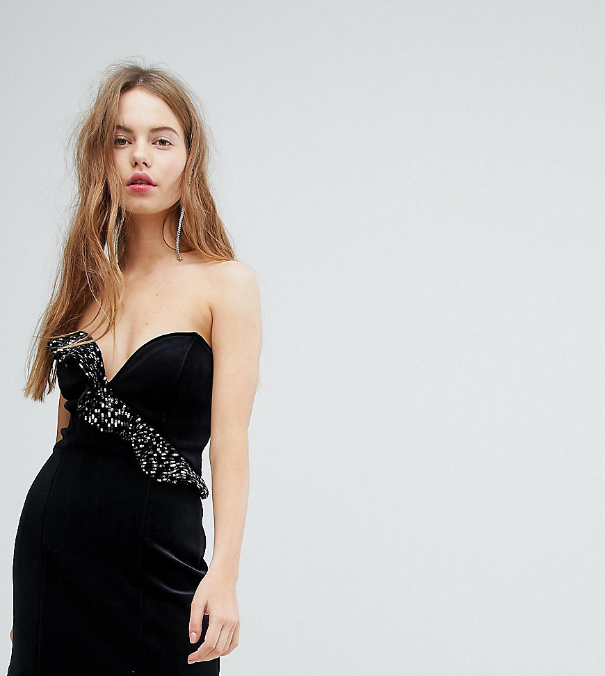 Bershka Velvet Shimmer Frill Asymmetric Dress-Black