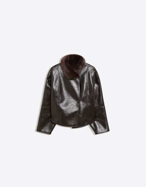 Bershka vendbar dobbeltsidet jakke i læderlook, brun, 6 af 6