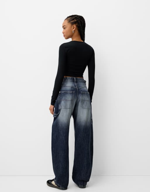 Bershka - Verstelbare timmermansjeans met ballonpasvorm in marineblauw, 2 van 4