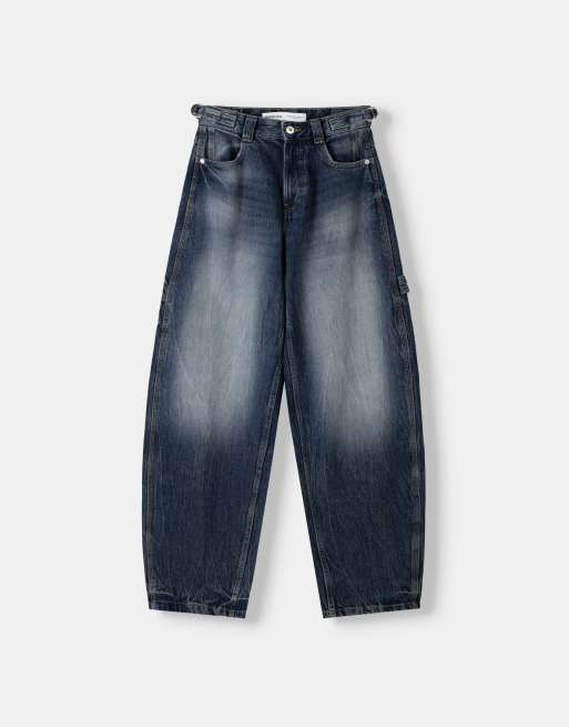 Bershka - Verstelbare timmermansjeans met ballonpasvorm in marineblauw, 3 van 4