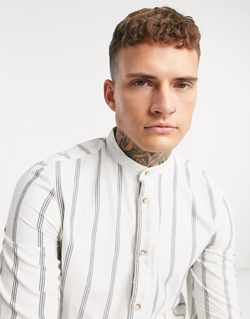 Bershka vertical stripe shirt with grandad collar in white