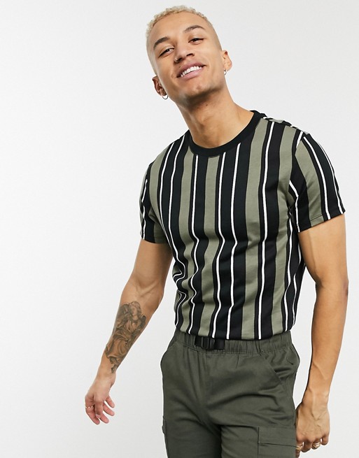 Bershka vertical stripe t-shirt in khaki