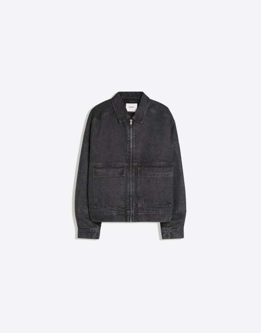 Bershka verwaschene Denim-Bomberjacke in Schwarz, 5 von 6