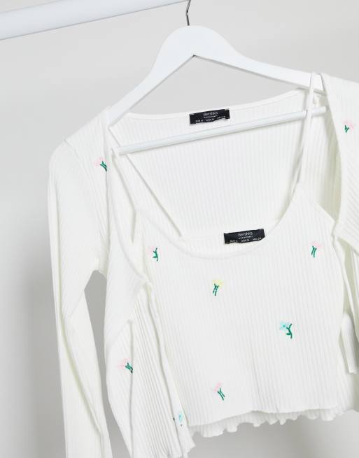 Bershka - Vest combi-set met geborduurde bloemen in wit
