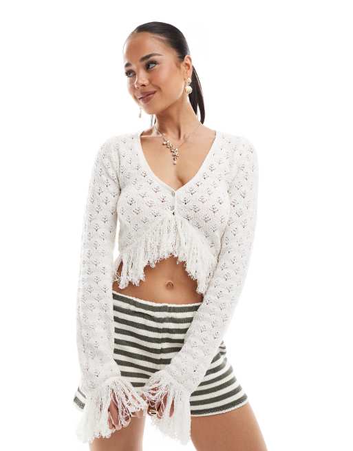 Bershka - Vest met gehaakt franje detail in ecru