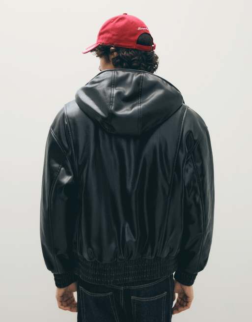 Bershka veste à capuche effet cuir noire, 3 de 4