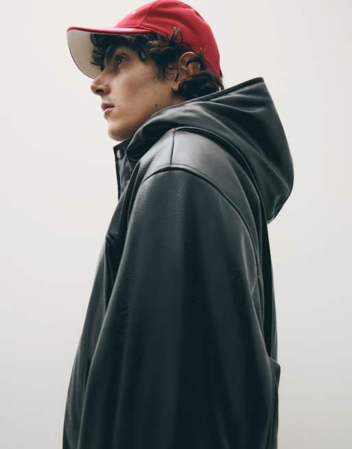 Bershka veste à capuche effet cuir noire, 4 de 4