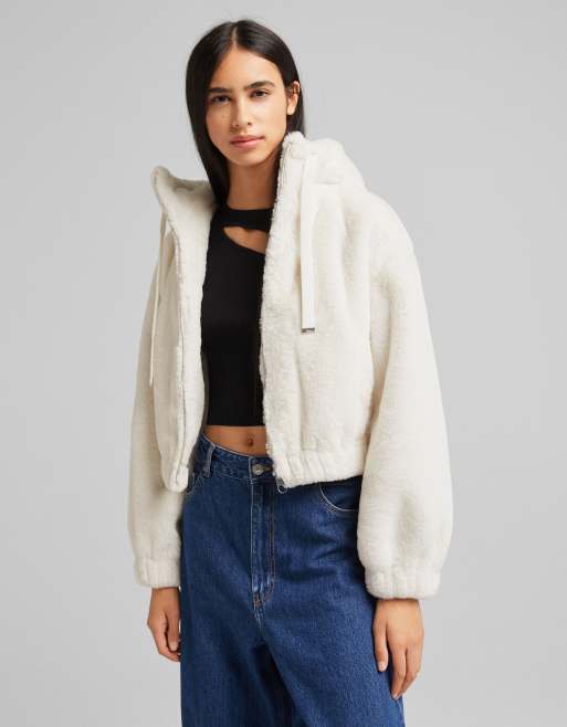 Bershka - Veste à capuche en fausse fourrure - Blanc