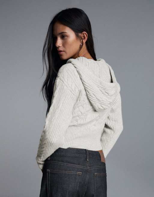 Bershka veste à capuche en maille torsadée grise, 3 de 5