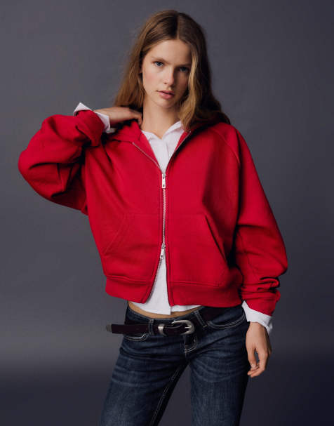 Bershka veste à capuche en peluche zippée rouge - view 1