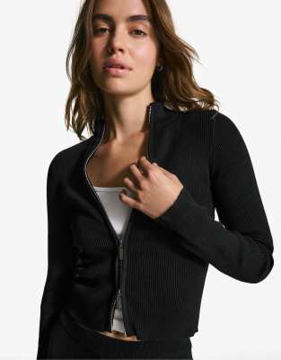Bershka - Veste avec fermeture éclair en maille côtelée - Noir