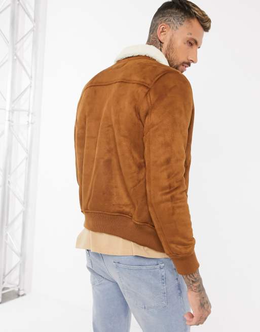 Bershka - Veste bomber en daim avec col en imitation peau ...