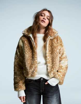 Bershka - Veste en fausse fourrure imprimé animal - Camel-Neutre
