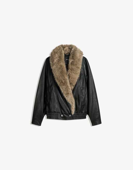 Veste Longue Bershka En Cuir Et Fausse Fourrure - Noir - Taille L - Style Cascade Biker - Occasion Très Bon état