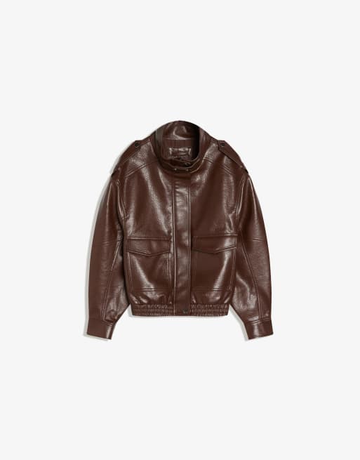 Bershka - Veste en imitation icuir à col cheminée - Marron, 4 de 4