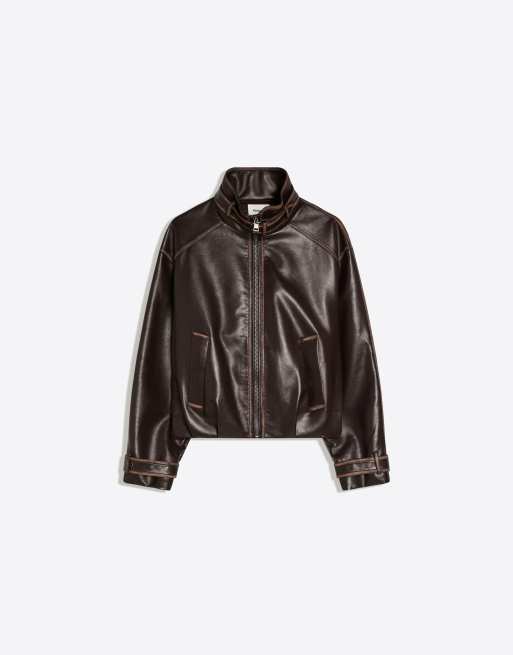 Bershka - Veste en imitation icuir à col cheminée - Marron, 5 de 5