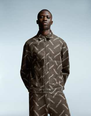 Bershka - Veste en jean à motif jacquard - Marron-Brown