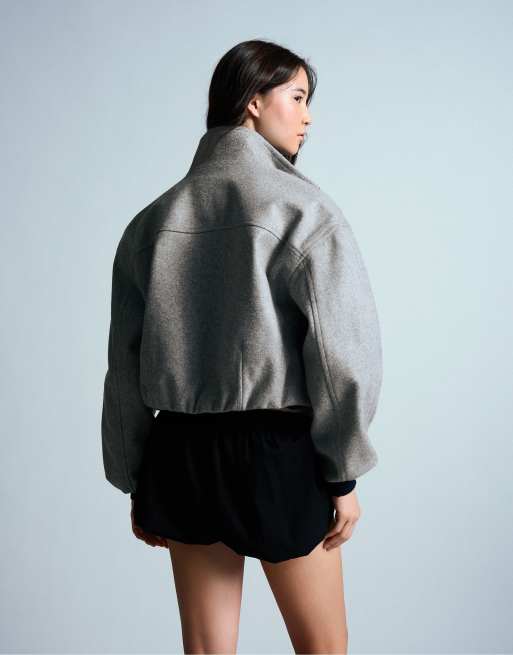Bershka - Veste en laine mélangée à ourlet froncé - Gris, 3 de 5