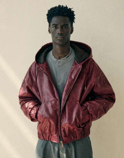 Bershka - Veste en similicuir à clous - Bordeaux, 6 de 7