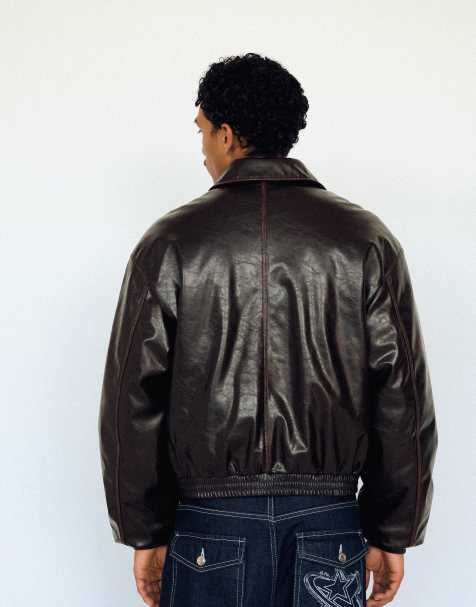 Bershka - Veste imitation cuir coupe carrée - Marron - view 1