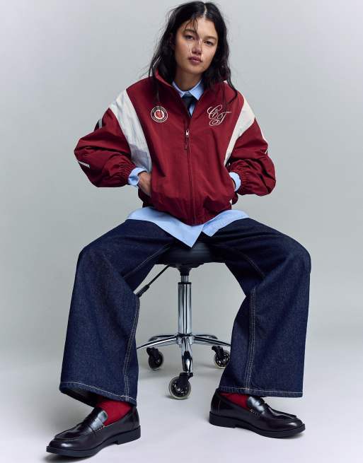 Bershka - Veste légère avec broderies - Bordeaux, 3 de 4