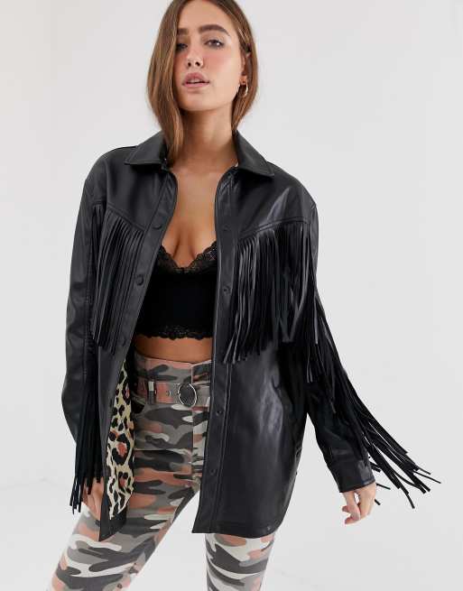 Bershka Veste longue franges Noir