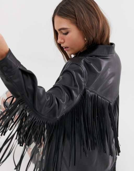 Bershka Veste longue franges Noir ASOS