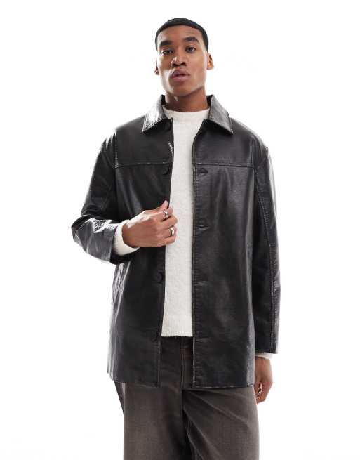 Bershka - Veste longue en similicuir - Noir 