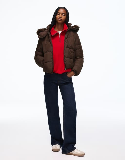 Bershka veste matelassée avec capuche en faux-fur marron, 4 de 6