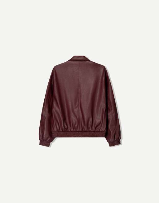 Bershka faux leather oversized jacket in burgundy