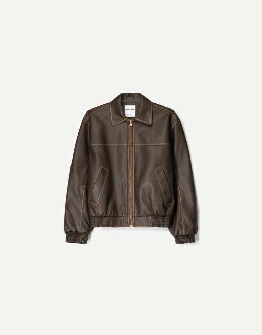 Bershka - Veste oversize en imitation cuir - Marron