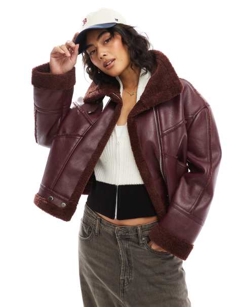 Bershka - Veste oversize en imitation peau de mouton - Bordeaux - view 1