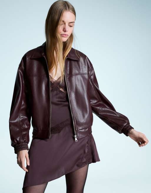 Bershka - Veste oversize imitation cuir - Bordeaux, 2 de 4