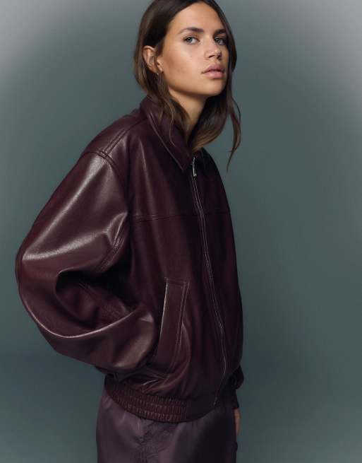 Bershka - Veste oversize imitation cuir - Bordeaux, 3 de 4