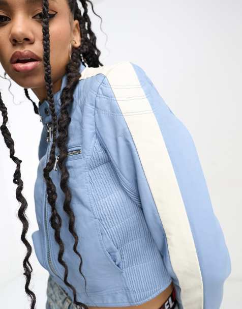 Bershka - Veste style course en imitation cuir - Bleu et blanc - view 1