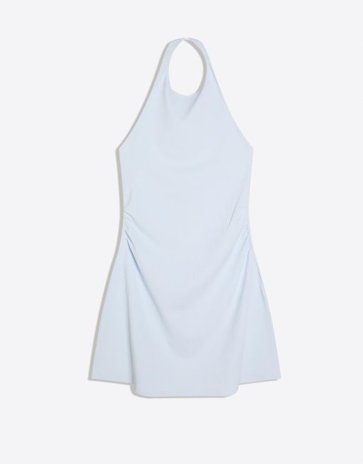 Bershka - Vestito corto allacciato al collo azzurro, 3 di 4